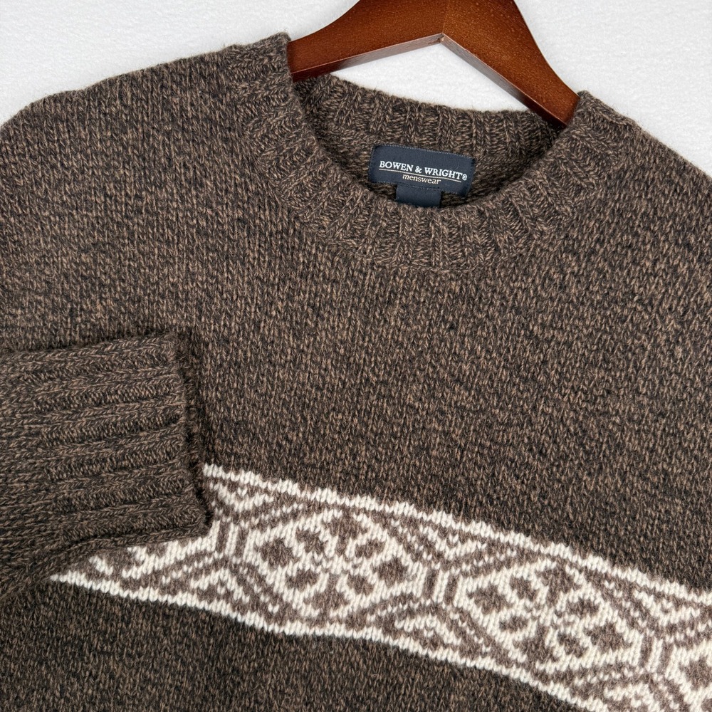 Bowen & Wright Mens L Lambswool Sweater Brown Fair Isle Crewneck Knit Grandpa‎